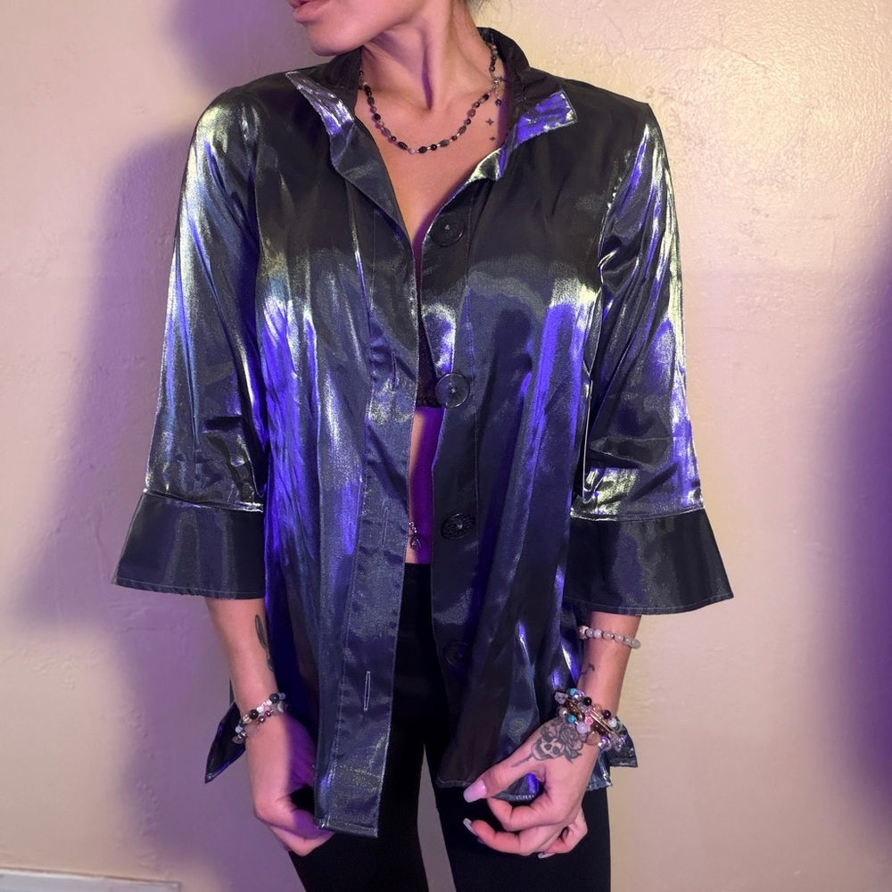 Ali Miles Gray Elegant Metallic Silver Sheer cardigan blouse Jacket